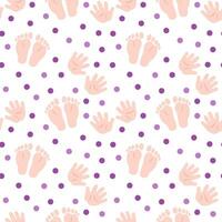 Seamless pattern with baby footprints, handprints and circles. Flat color vector illustration.