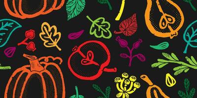 a colorful pattern with pumpkins, leaves and other items vector