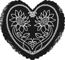 a black and white heart with sunflowers vector
