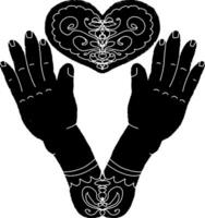 a black and white drawing of two hands holding a heart vector