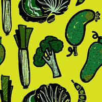 a pattern of vegetables and fruits on a yellow background vector