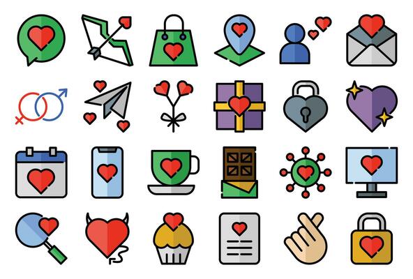 Love filled outline icons set. The collection includes for mobile app, web design, in a moment of celebration, Valentine's Day, wedding, birthday and others
