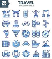 Travel icon set blue color. The collection includes web design, application design, UI design. vector