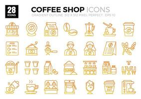 Icon packs of Coffee Shop gradient outline. The collection includes icons of various aspects related to coffee shops, ranging from business and development to programming, web design, app design. vector