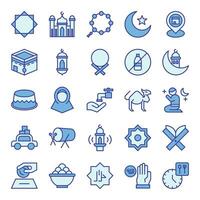 Ramadan icons set in blue colored outline style. The collection includes web design, application design, UI design, during Ramadan, Eid, and others. vector