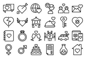 Love outline icons set. The collection includes for mobile app, web design, in a moment of celebration, Valentine's Day, wedding, birthday and others vector