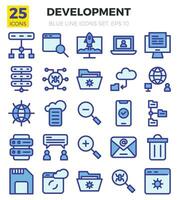 Programing and development of blue color icons set. The collection includes of business developments,programing , web design,app design and more vector