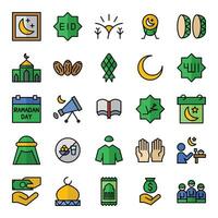 Ramadan icons set in filled outline style. The collection includes web design, application design, UI design, during Ramadan, Eid, and others. vector