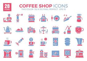 café tienda plano dos color íconos colocar. el colección incluye íconos de varios aspectos relacionado a café tiendas, rango desde negocio y desarrollo a programación, web diseño, aplicación diseño, y más vector