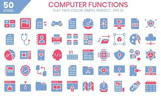 computer tools flat two color icon set.The collection includes business and development, programming, web design, app design, and more. vector