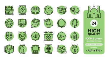 Eid Al Adha icon set green color outline. The collection includes web design, application design, UI design, during Eid Al Adha, Eid al Fitr, and others. vector