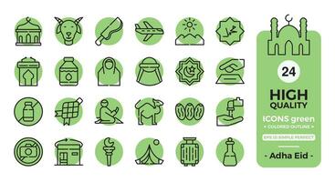 Eid Al Adha icon set green color outline. The collection includes web design, application design, UI design, during Eid Al Adha, Eid al Fitr, and others vector