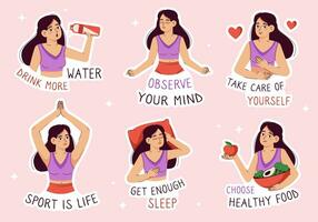 A set of stickers with a girl leading a healthy lifestyle. Stickers with a character. Vector flat illustration