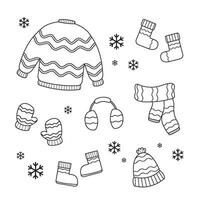 Set of Line art Winter clothes and cold weather accessories. Line art Hats, scarves, mittens, and socks. vector