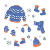 Set of flat Winter clothes and cold weather accessories. Flat Hats, scarves, mittens, and socks. vector