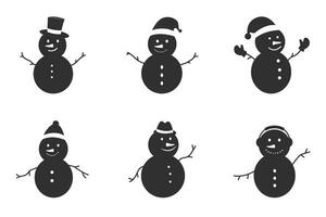 Black Cheerful Snowman set in different costumes. Winter, Christmas, and New Year design elements vector