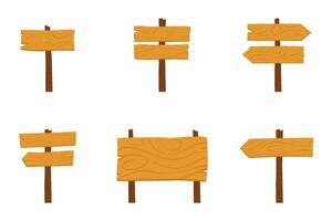 Set wooden signboard in flat design. road direction signboards and arrow pointers, guideposts and billboard poles vector