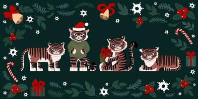 set of  cute drawn tigers and Christmas elements branches bells snowflakes leaves isolated on white vector