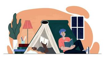 a guy and a girl are reading books at night in a room under a large book tent. cute colorful fantasy vector illustration in modern style. study until night with a smile. isolated by layers.