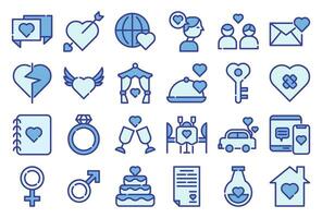 A set pack of Love blue color icons set. The collection includes for mobile app, web design, in a moment of celebration, Valentine's Day, wedding, birthday and others vector