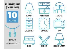 Furniture, gradient outline icons set. Collection for mobile apps web or site design. Interior vector illustration
