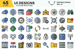 ui diseño lleno contorno íconos colocar. el colecciones incluir para web diseño , aplicación diseño, ui diseño, negocios y Finanzas ,red y comunicaciones y otro vector