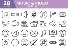 Music and video outline icons set. The collections include for web design ,app design, UI design,business and finance ,network and communications and other vector