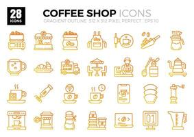 Coffee Shop gradient outline icons. The collection includes icons of various aspects related to coffee shops, ranging from business and development to programming, web design, app design and etc. vector