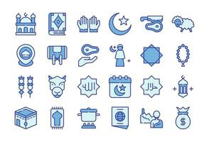 Eid Al Adha icon set blue color. The collection includes web design, application design, UI design, during Eid Al Adha, Eid al Fitr, and others. vector