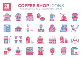 Icon packs of Coffee Shop flat two color. The collection includes icons of various aspects related to coffee shops, ranging from business and development to programming, web design, app design. vector