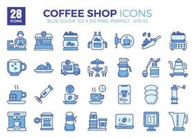 Coffee Shop blue color icons set. The collection includes icons of various aspects related to coffee shops, ranging from business and development to programming, web design, app design, and more vector