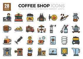 Coffee Shop filled outline icons. The collection includes icons of various aspects related to coffee shops, ranging from business and development to programming, web design, app design and etc. vector