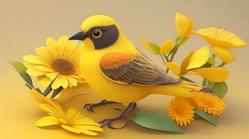 Vividly Abstracted, A 3D Styled Colorful Illustration Image with Birds and Flowers. AI Generated photo