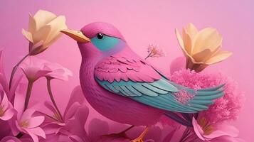 Vividly Abstracted, A 3D Styled Colorful Illustration Image with Birds and Flowers. AI Generated photo