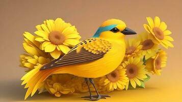 Vividly Abstracted, A 3D Styled Colorful Illustration Image with Birds and Flowers. AI Generated photo