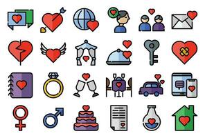 A set pack of Love filled outline icons set. The collection includes for mobile app, web design, in a moment of celebration, Valentine's Day, wedding, birthday and others vector