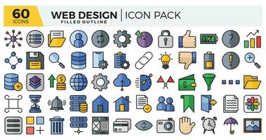 Web design filled outline icons set. The collections include for web design,app design, software design, presentations,marketing or communications,ui design and other vector