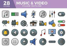 Music and video filled outline icons set. The collections include for web design ,app design, UI design,business and finance ,network and communications and other vector