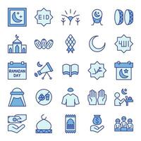 Ramadan icons set in blue colored outline style. The collection includes web design, application design, UI design, during Ramadan, Eid, and others. vector