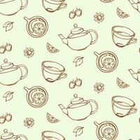 Herbal tea line seamless pattern. Hand drawn print design with outline teapot, cups, leaves, berries, lemon and chamomile on beige background. vector