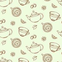 Herbal tea line seamless pattern. Hand drawn print design with outline teapot, cups, leaves, berries, lemon and chamomile on beige background. vector