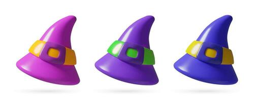 Witch hats 3d vector icons set. Different color cute plastic wizard caps with belt. Halloween costume element on white background.