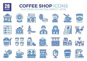 Icon packs of Coffee Shop blue colored outline. The collection includes icons of various aspects related to coffee shops, ranging from business and development to programming, web design, app design. vector