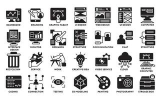 Collection of Web Development icons glyph style. Includes icons as design, developer, coding, content, and more vector