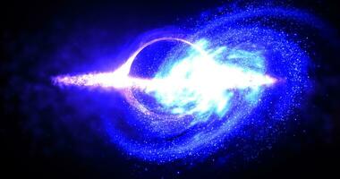 brillante negro agujero en abierto espacio con hilado energía partículas, cósmico esfera en azul y púrpura color brillante resumen antecedentes foto