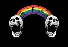 T-shirt design of two skulls joined by a rainbow. Vector illustration for gay pride day.