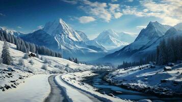 Snowy winter landscape with road trees and mountains photo