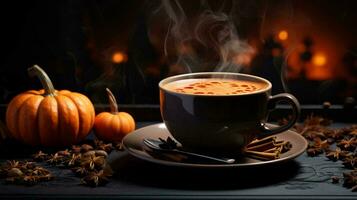 A mug of hot coffee or tea with pumpkins with scary faces for Halloween photo