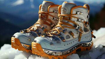 Touring sports warm winter boots with spikes for tourism, active sports lifestyle and rock climbing photo