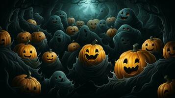 Pumpkins with carved faces and ghosts for Halloween photo